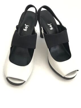 ANTHROPOLOGIE JOY CHEN Slingback Heels Peep Toe Leather Black White Size 9